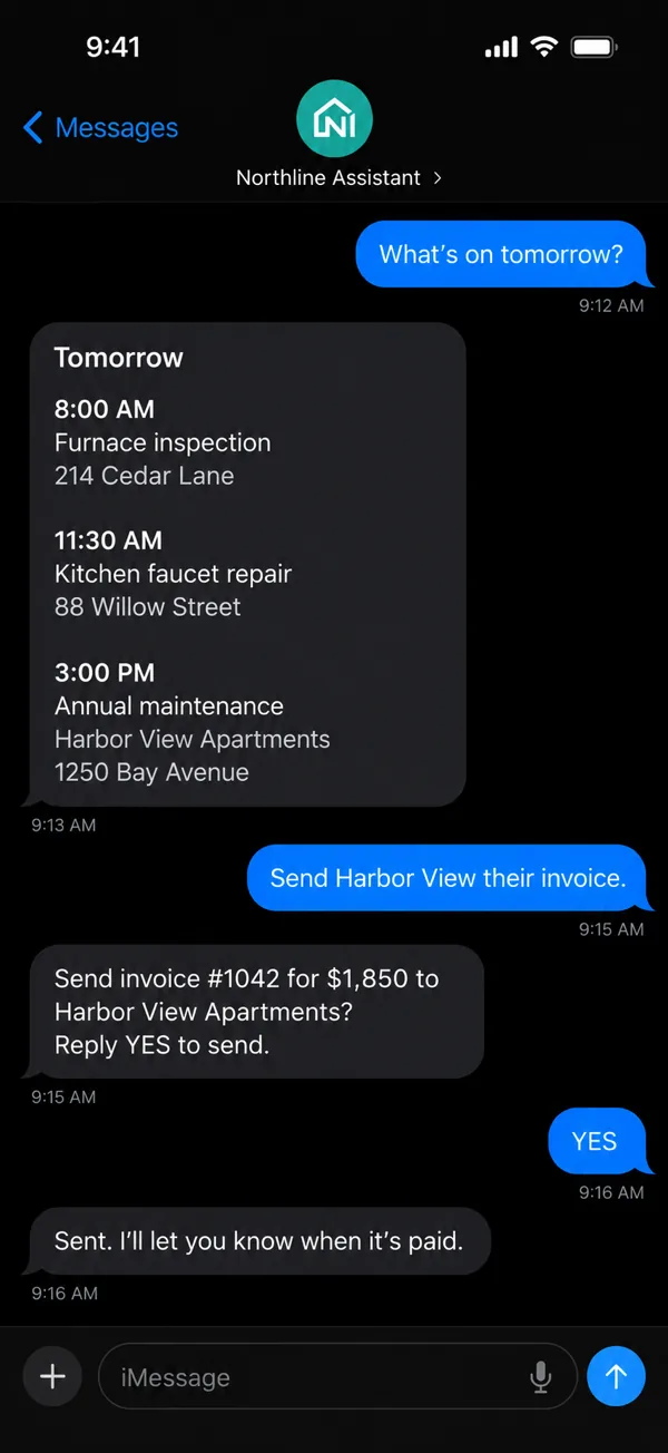 A text conversation with a sample company's assistant: it lists tomorrow's three appointments, then asks the owner to reply YES before sending an invoice, and confirms it was sent