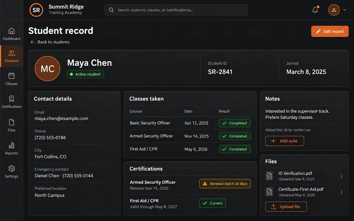 One customer's record: contact details, classes taken, certifications with a renewal coming due, notes and files
