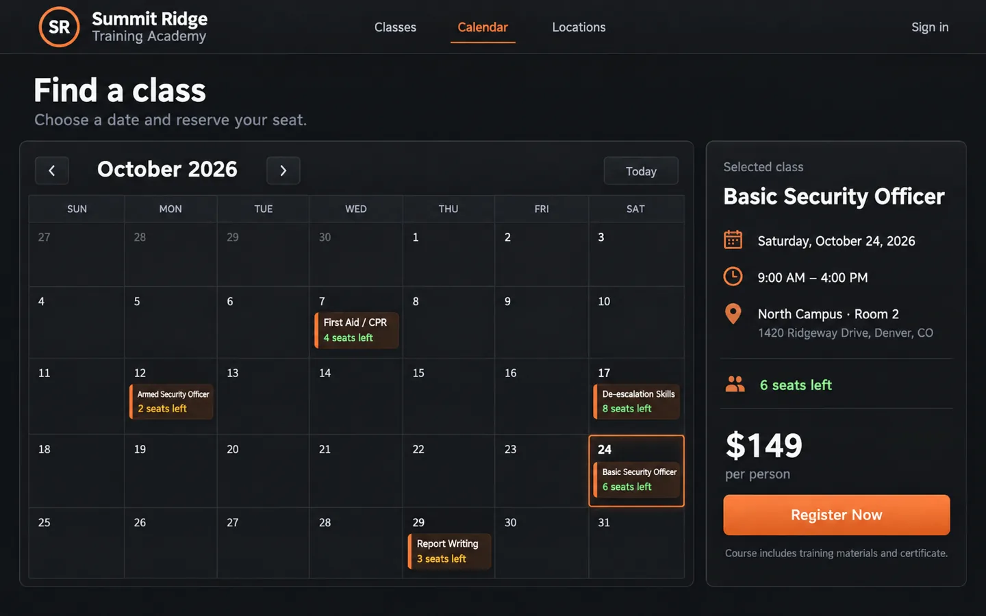 A booking calendar showing classes with seats left, and a selected class with its date, time, location and a Register Now button
