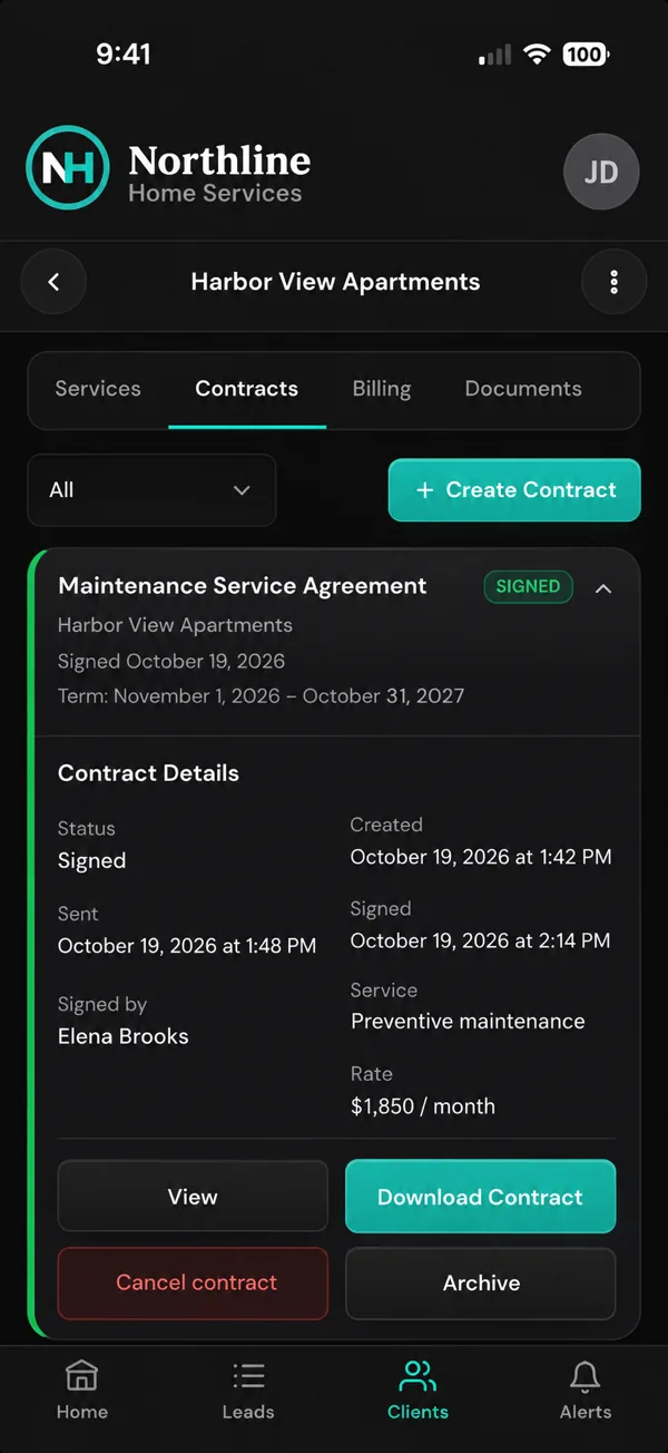 A signed maintenance agreement on a phone, showing when it was sent and signed, and by whom