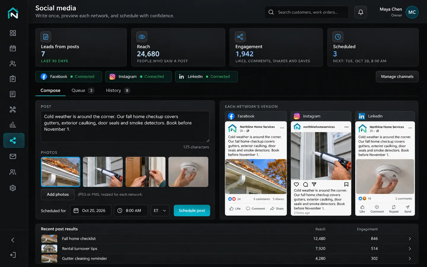 One post being written with previews for Facebook, Instagram and LinkedIn, a scheduled time and results for recent posts