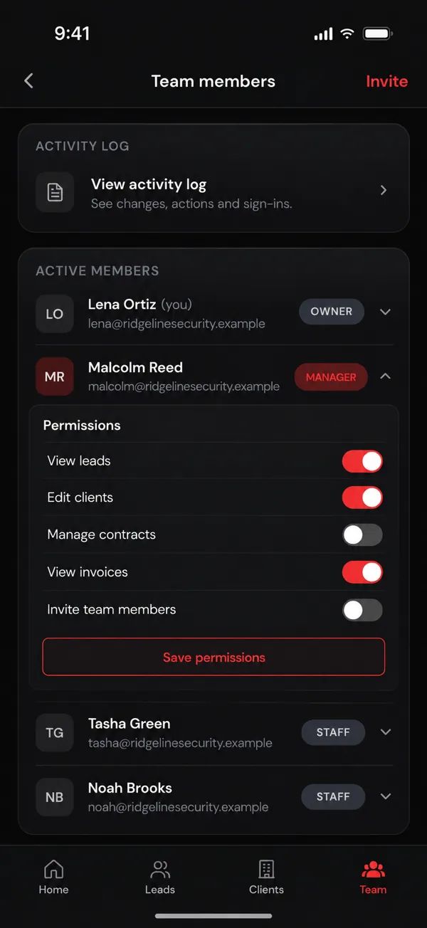 A team list on a phone with Owner, Manager and Staff roles and permission switches for one manager