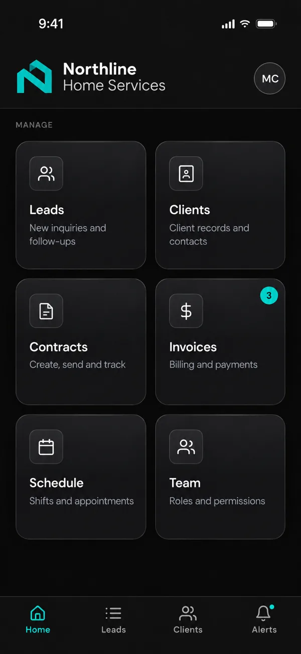 The same kind of system as a phone app for a sample home services company, with tiles for leads, clients, contracts, invoices, schedule and team