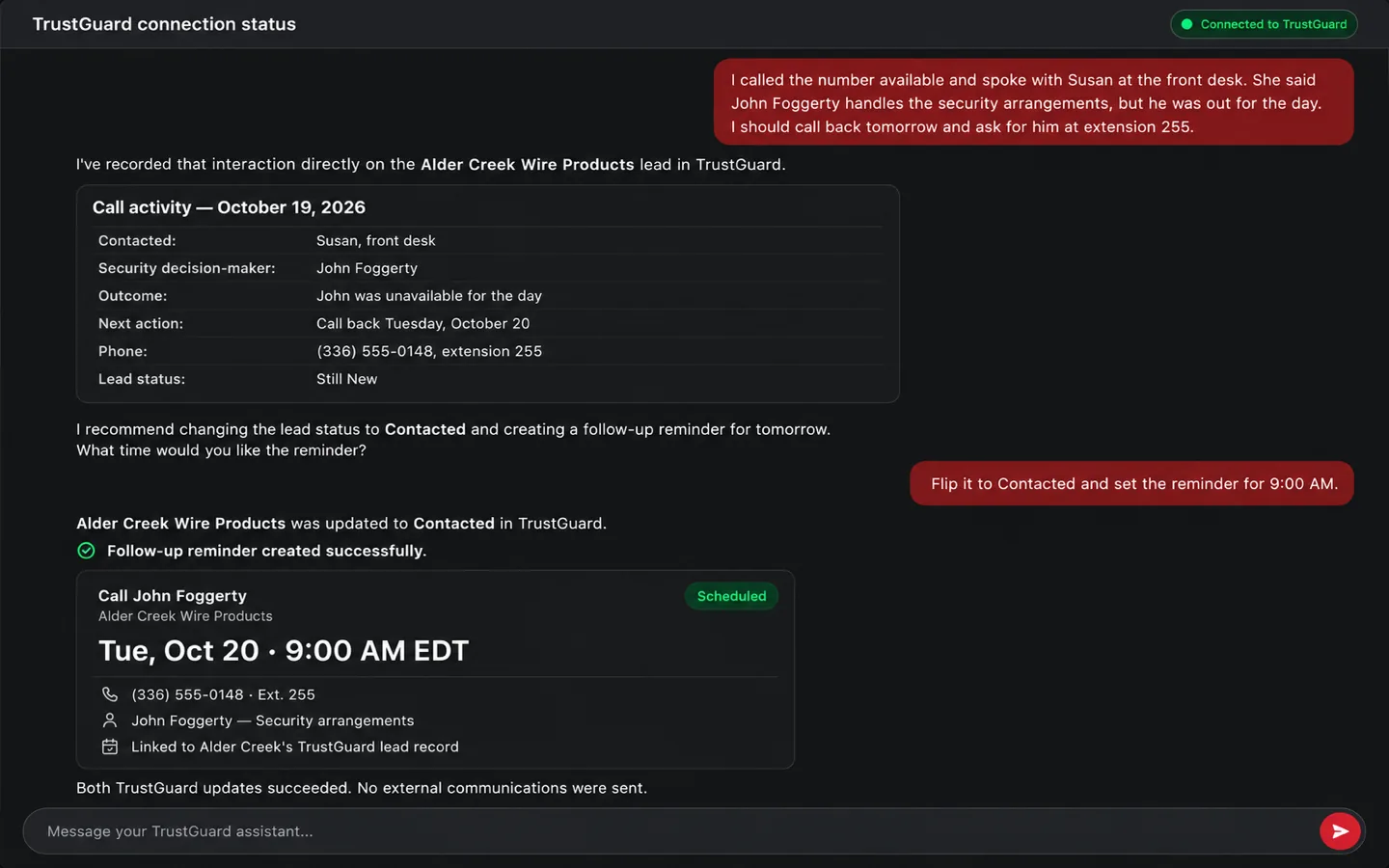 An AI assistant chat: the owner describes a sales call, and the assistant logs it on the lead, updates its status and schedules a follow-up call