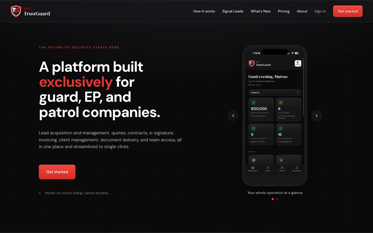 The EVO TrustGuard home page: a platform built for guard, executive protection and patrol companies